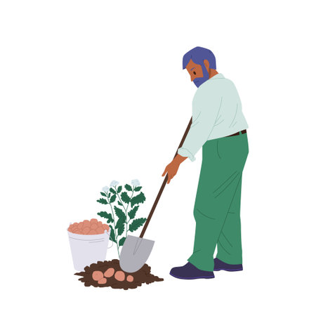 Man farmer cartoon character digging potato from ground for chips snack production industryのイラスト素材