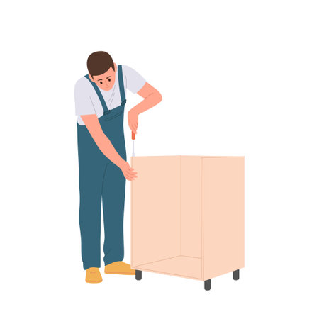 Assembly service furniture maker cartoon character using hardware making cabinet for room designのイラスト素材