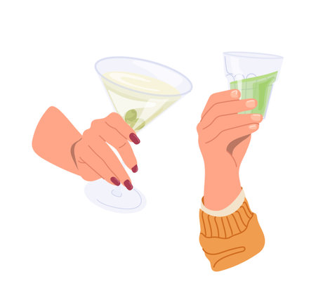 Martini cocktail in female hands and tequila glass in male arm clinking and celebrating somethingのイラスト素材