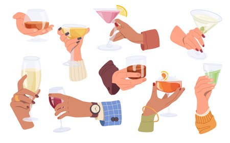 Set of human hands holding alcoholic drinks in glasses, bar cocktail and strong alcohol beverageのイラスト素材