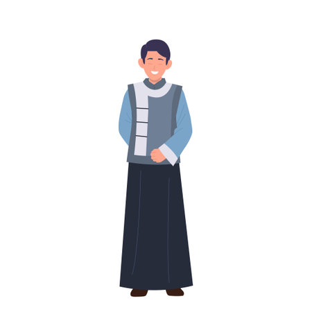 Chinese man cartoon character wearing traditional kimono clothing demonstrating asian ethnicityのイラスト素材
