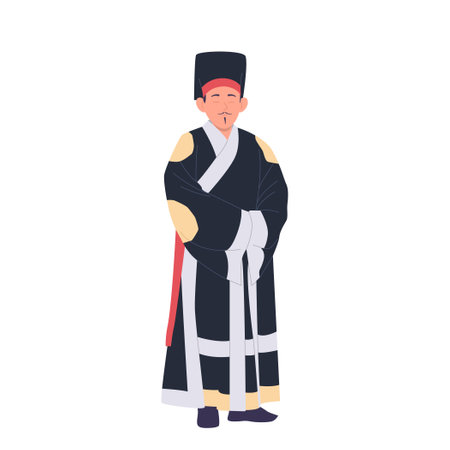 Adult Chinese man cartoon character wearing national costume and hat standing isolated on whiteのイラスト素材