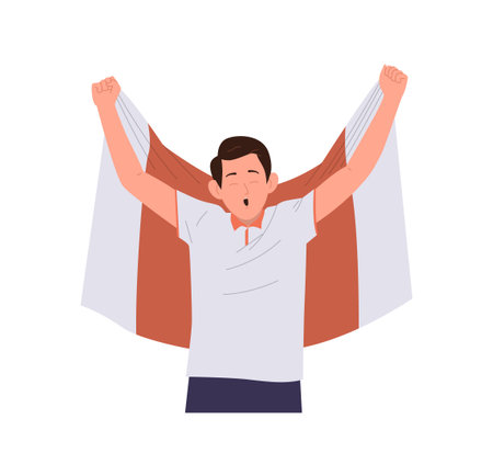Young man football fan cartoon character holding flag and screaming loudly supporting favorite teamのイラスト素材