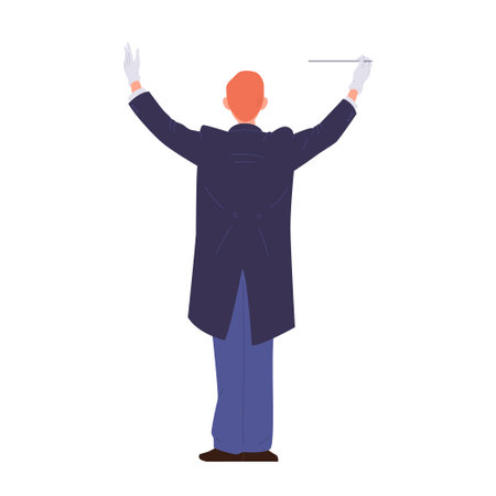 Man conductor cartoon character in tuxedo performing on stage directing symphony orchestra
