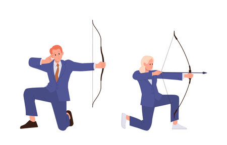 Isolated businessman and businesswoman cartoon characters bow armored accuracy aiming with arrowのイラスト素材