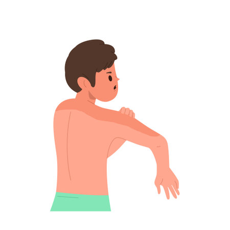 Upset boy child cartoon character suffering from sunburned skin on shoulders isolated on whiteのイラスト素材