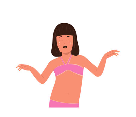 Crying girl child isolated cartoon character with damaged skin after sunbathing on hot summer sunのイラスト素材