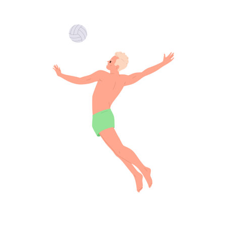 Athletic man isolated cartoon character in swimwear playing volleyball hitting ball jumping highのイラスト素材