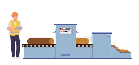 Operator cartoon male character working at automatic industrial conveyor belt on paper factoryのイラスト素材