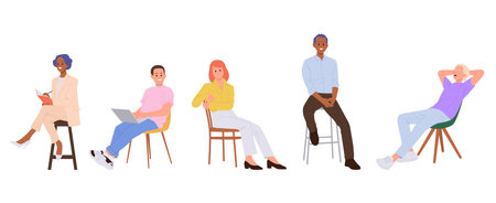 Diverse people cartoon characters sitting on chair vector illustration isolated on white backgroundのイラスト素材