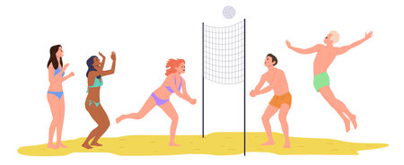 Cartoon people characters playing seaside beach volleyball throwing and hitting ball over netのイラスト素材