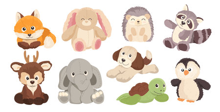 Cute cartoon soft animals, different plush toys for children set isolated on white backgroundのイラスト素材