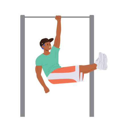 Muscular athletic man cartoon character pulling up on one hand using on horizontal crossbarsのイラスト素材