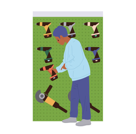 Man customer character choosing electric drill hanged on showcase at tools shop isolated on whiteのイラスト素材