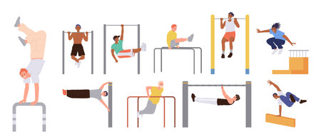 Outdoors training, parkour and calisthenics set with healthy strong and athletic sportsmanのイラスト素材