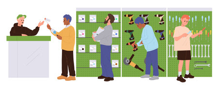 Power tools and hand instruments shop store with people customers and salesman at counter deskのイラスト素材