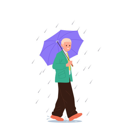 Mature senior businessman or office worker cartoon character walking on street with umbrellaのイラスト素材