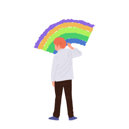 Skilled boy preschooler cartoon character enjoying artistic hobby drawing rainbow picture on wallのイラスト素材