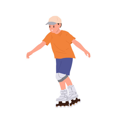 Healthy active boy child cartoon character wearing knee pads riding rollers exercising on streetのイラスト素材