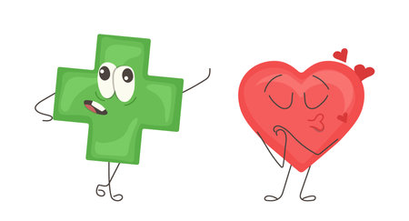 Cute funny cross and heart doodle cartoon character feeling positive and negative emotion setのイラスト素材