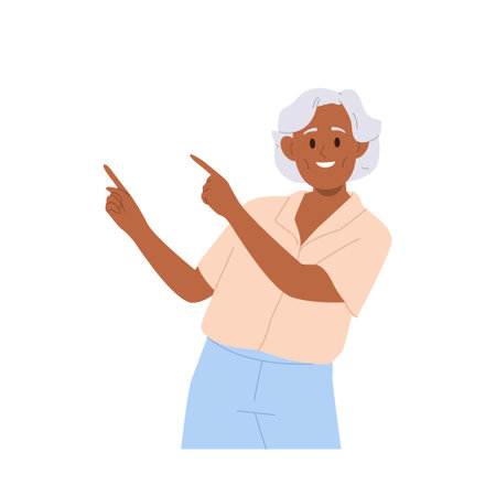 Positive old woman cartoon character standing with pointing gesture indicating aside with fingersのイラスト素材