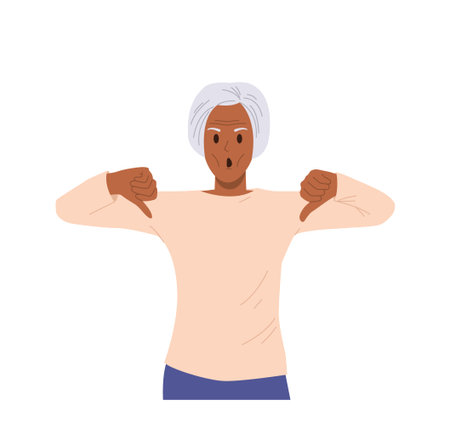 Angry furious elderly woman cartoon character gesturing thumbs down feeling disappointedのイラスト素材