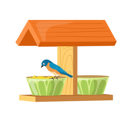 Little bird eating seeds from ceramic bowl in craft birdfeeder isolated on white backgroundのイラスト素材