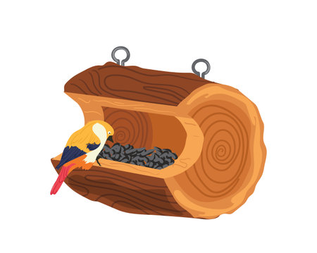 Creative craft bird feeder made from tree stump filled with sunflower seeds isolated on whiteのイラスト素材