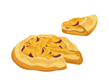 Baked round summer plum pie with piece portion vector illustration isolated on white backgroundのイラスト素材