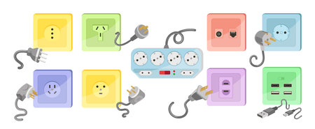 Cartoon socket and forks devices of different types vector illustration isolated on white backgroundのイラスト素材