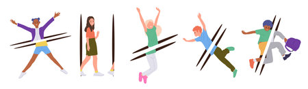 Diverse people cartoon characters going through portal or jumping in teleport isolated set on whiteのイラスト素材