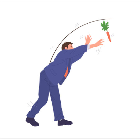 Businessman character reaching carrot on rope vector illustration, people manipulation conceptのイラスト素材