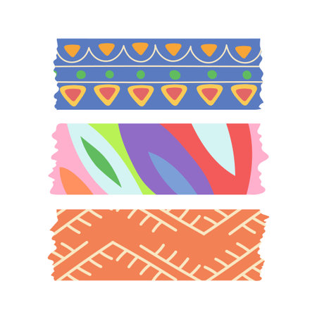 Set of colored paper pieces strips and decorative washi tape with seamless pattern cartoon designのイラスト素材