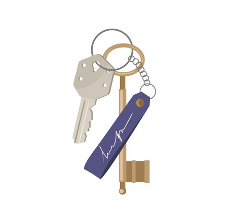 Home door keys bunch with modern rubber pendent cartoon vector illustration isolated on white