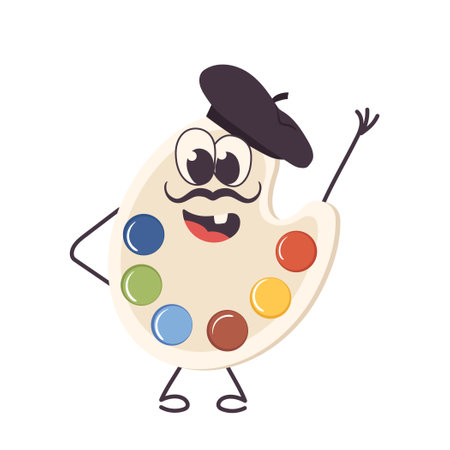 Funny watercolor, oil or acrylic paints palette cartoon character isolated on white backgroundのイラスト素材