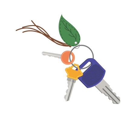 House apartment door keys with creative leather pendant in shape of green leaf isolated on whiteのイラスト素材