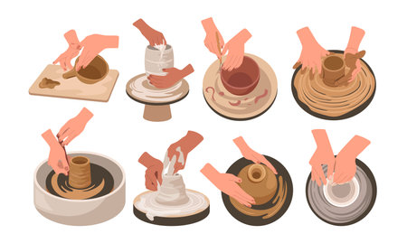 Set of male and female potter hands crafting crockery equipment and utensils at ceramics studioのイラスト素材