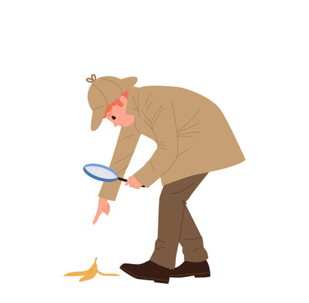 Pensive preteen boy child detective cartoon character with magnifying glass finding banana peelのイラスト素材