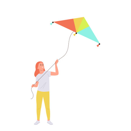 Cheerful carefree female kid cartoon character holding flying kite wind toy isolated on whiteのイラスト素材