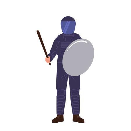 Policeman isolated cartoon character fully equipped armed with a baton and shield for protectionのイラスト素材