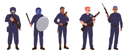 Team police isolated male and female cartoon characters in uniform with traditional ammunitionのイラスト素材