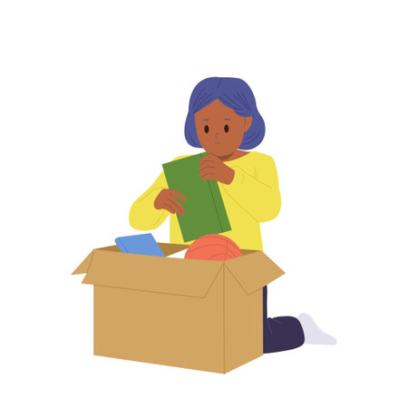 Smiling girl child cartoon character unpacking personal belongings after moving to new roomのイラスト素材