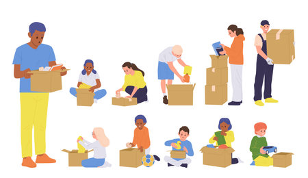 Adults and children cartoon characters packing and unpacking personal belongings into cardboard packのイラスト素材