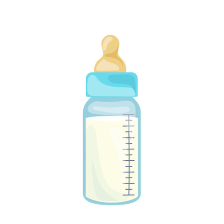 Classic milk baby bottle for feeding equipped latex nipple in cartoon style isolated on whiteのイラスト素材