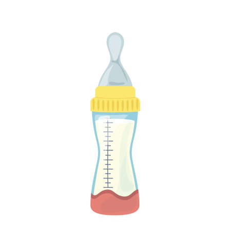 Trendy cartoon style baby bottle with rubber pacifier completely filled with milk or liquid porridgeのイラスト素材