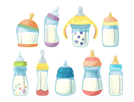 Different bottles with pacifier nipples filled milk for feeding children vector illustration setのイラスト素材