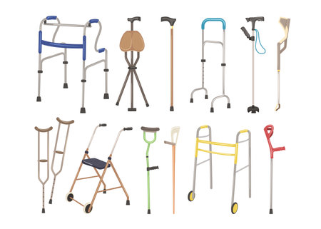 Walking sticks, crutch, aluminum or wood cane support equipment isolated on white backgroundのイラスト素材