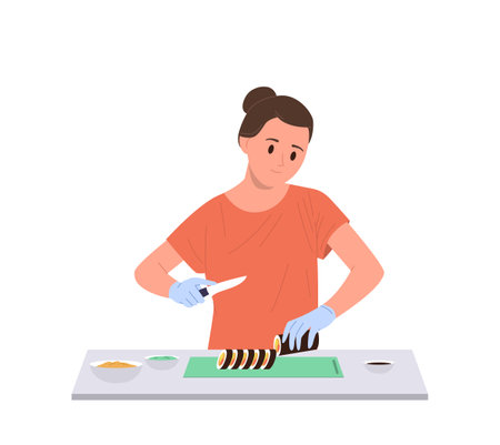 Young woman housewife cartoon character cooking sushi traditional asian food isolated on whiteのイラスト素材