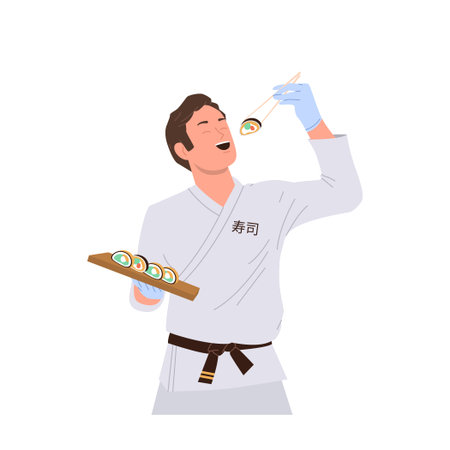 Satisfied sushi master cartoon character eating self-made dish standing isolated on white backgroundのイラスト素材