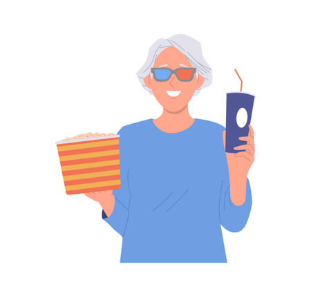 Happy joyful elderly woman cinema film spectator cartoon character eating sweet popcorn snackのイラスト素材